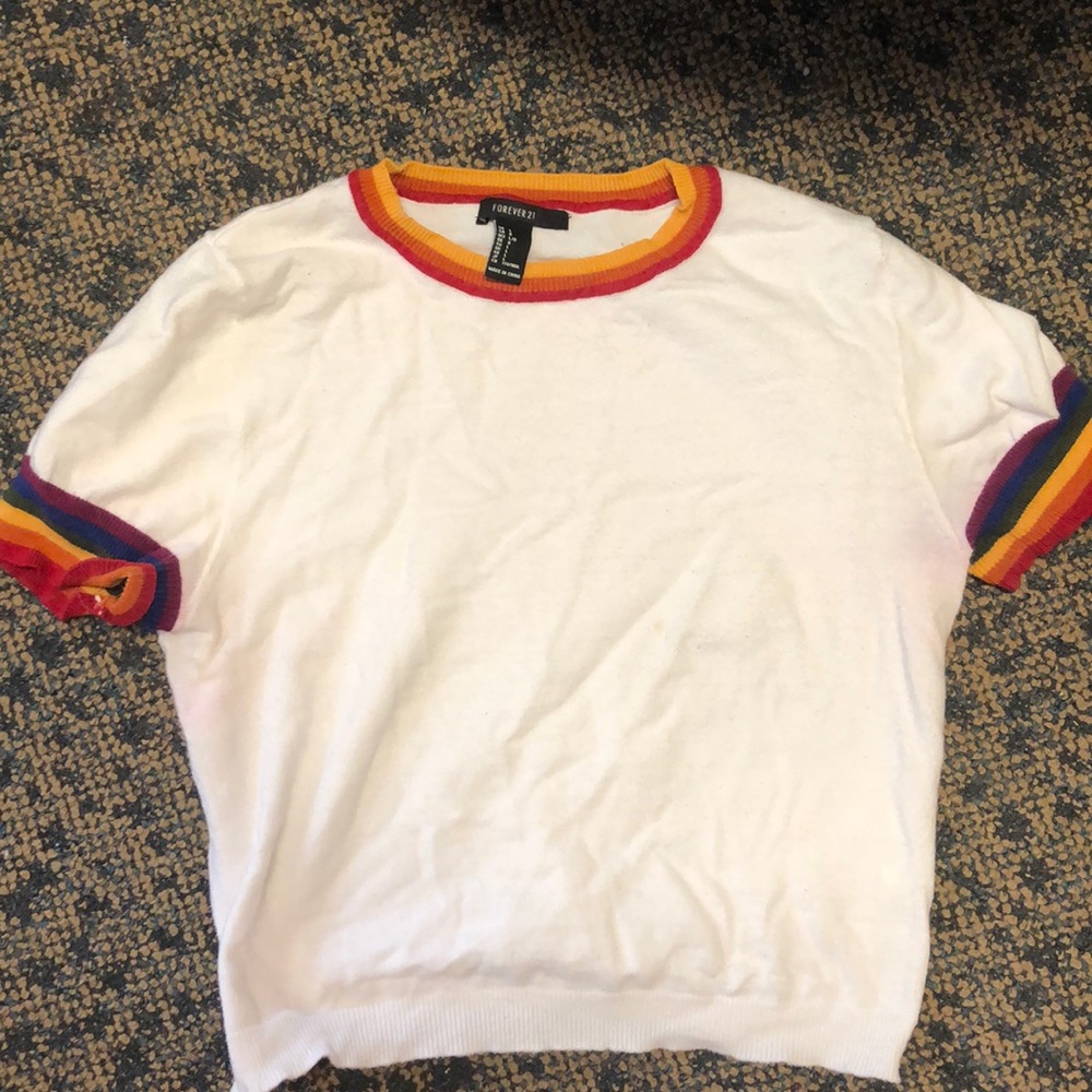 Rainbow Sleeved White Crop Top